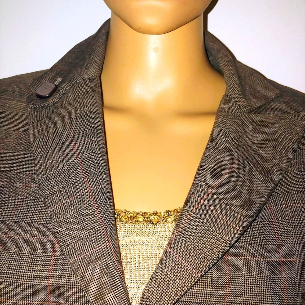 BILL BLASS 8 M/L HERRINGBONE BROWN TAN WOOL MODERN VTG TAILORED FIT SKIRT SUIT - Picture 7 of 14